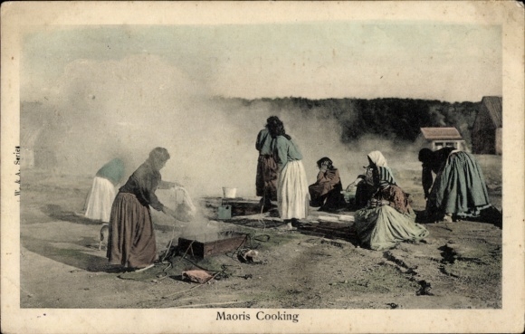 Postcard Rotorua New Zealand, Maori cooking outdoors