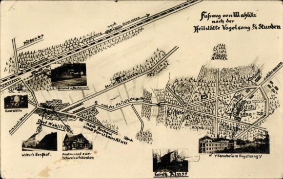 Maps: Gommern, Vogelsang Sanatorium, footpath from Wahlitz, sanatorium, forester's lodge