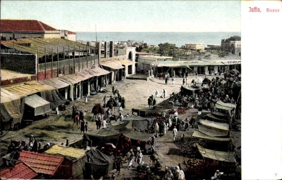 Postcard Tel Aviv Jaffa Israel, market with stalls, people, sea in the background, bazaar