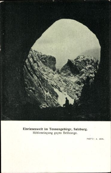Postcard Werfen in Salzburg, Eisriesenwelt in the Tennengebirge mountains, cave entrance against pliers