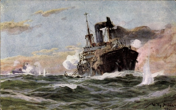 Artist Postcard Stöwer, Willy, German submarine in combat with a merchant steamer in a restricted area