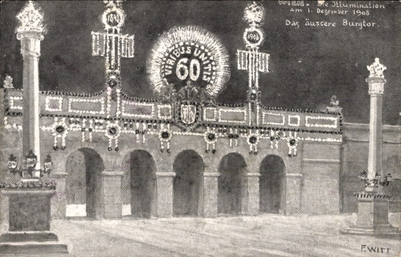 Artist Postcard Witt, Vienna, illumination on December 1, 1908, The outer castle gate