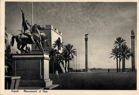 Postcard Tripoli Tripoli Libya, equestrian statue, Monumento al Duce, palm trees, columns