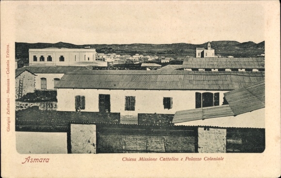 Postcard Asmara Eritrea, Chiesa Missione Cattolica, Palazzo Coloniale, Giorgio Zafirachi