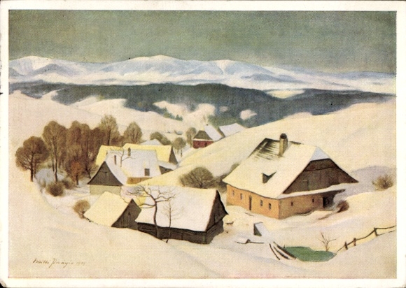 Artist Postcard Paupie, Willi, Altvater Mountains, village, houses, Sudeten German Relief Organization