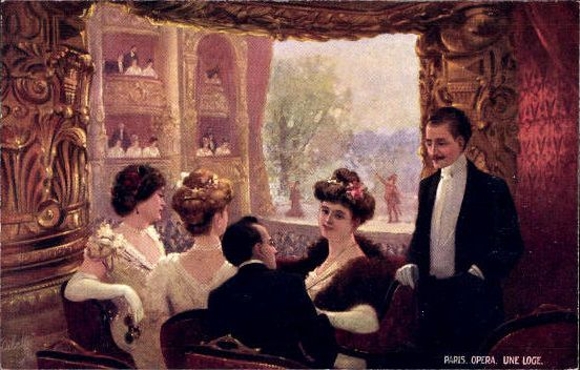 6 artists AK in envelope Paris IX Opéra, Une Soirée à l'Opéra“ An Evening at the Opera