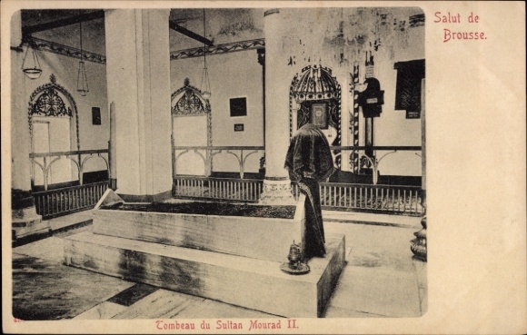 Postcard Bursa Brousse, Türkiye, tomb of Sultan Mourad II, interior view, column, decoration