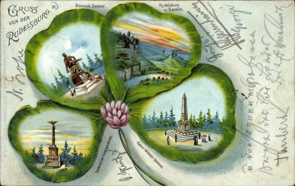 Cloverleaf lithograph Bad Kösen Naumburg an der Saale, Rudelsburg, Bismarck Monument, Kaiser Wilhelm Monument