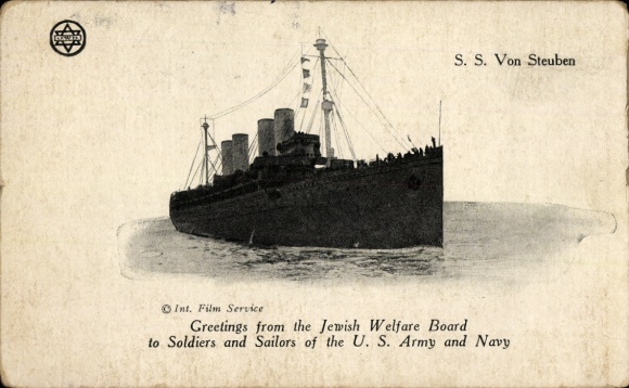 Postcard Ship SS Von Steuben, Jewish Welfare Board, US Army and Navy