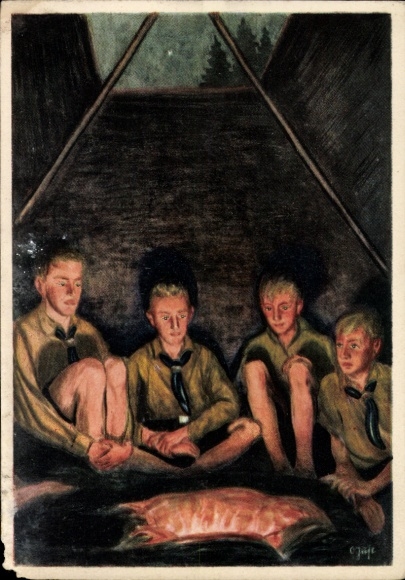 Artist Postcard Just, Oskar, HJ, images of parade and camp, Hitler Youth around the campfire