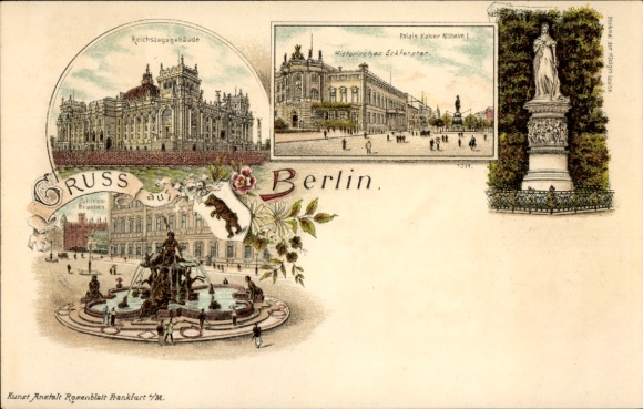 Lithograph of Berlin Tiergarten, Reichstag building, fountain, monument