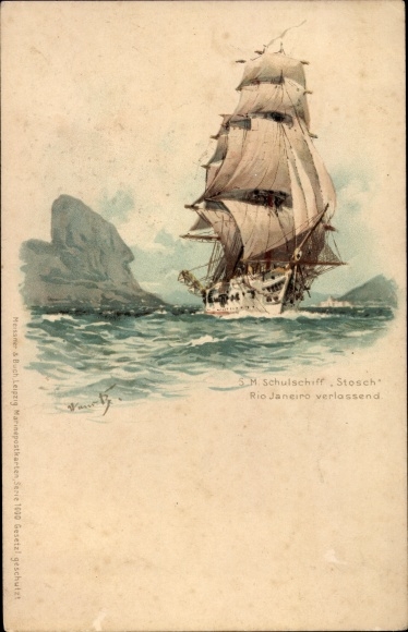 Artist Chromo-Litho Bohrdt, Hans, Rio de Janeiro Brazil, sailing ship SM training ship Stosch