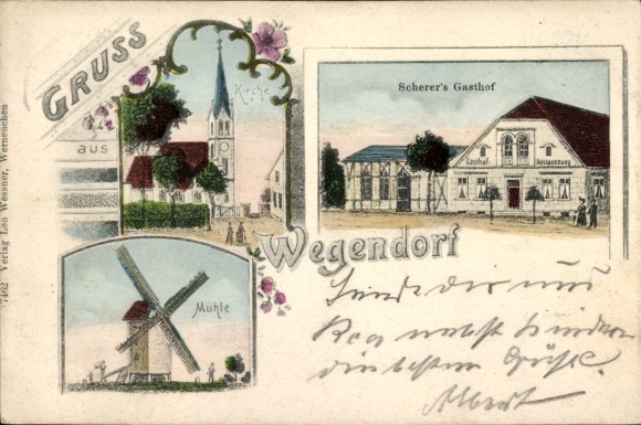Lithograph of Wegendorf, Altlandsberg in der Mark, church, Scherer's Gasthof, windmill