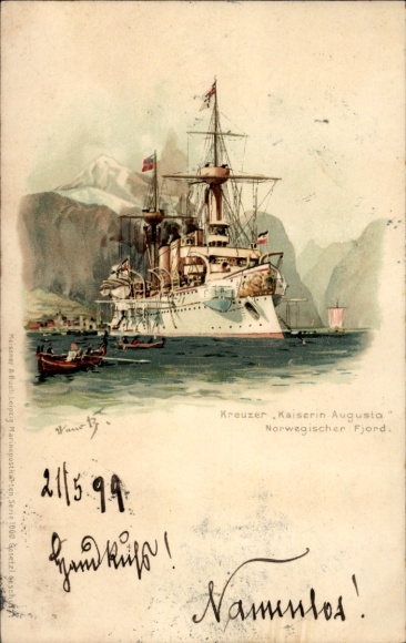 Artist Lithographer Hans Bohrdt, German warship, cruiser Kaiserin Augusta, Norwegian fjord