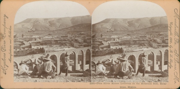 Stereo photo of Zacatecas, Mexico, silver mine workers on the mountainside, Panorama Keystone View Co.