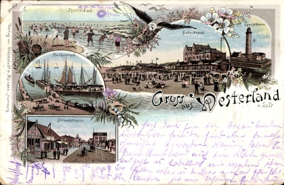 Lithograph of Westerland on Sylt, Herrenbad, Strandstraße, lighthouse, Munkmarsch, bathing beach