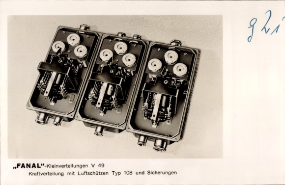 Postcard Fanal small distribution systems V 49, power distribution with air guns type 108 and fuses, advertising