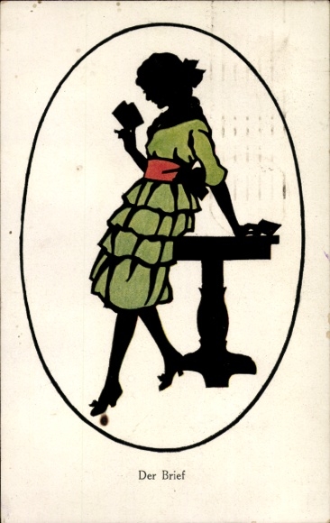 Paper cut-out Postcard The Letter, Woman in a Green Dress