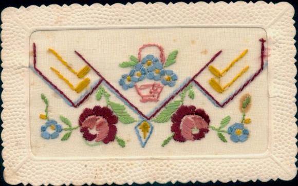 Silk embroidery, Postcard flowers, flower basket