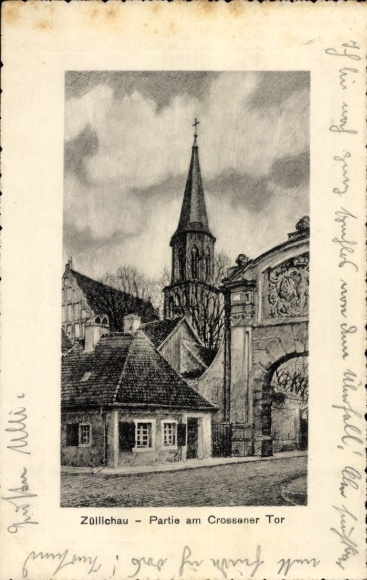 Postcard Sulechów Züllichau East Brandenburg, Crossener Tor, church tower