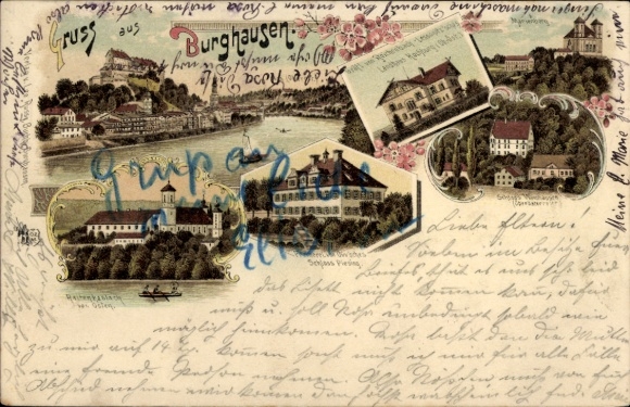 Lithograph of Burghausen on the Salzach River, Upper Bavaria, general view, castle, Raitenhaslach