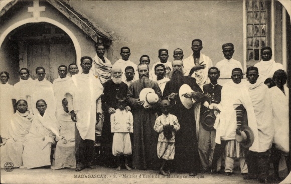 Postcard Madagascar Madagascar, teacher at the Catholic mission school