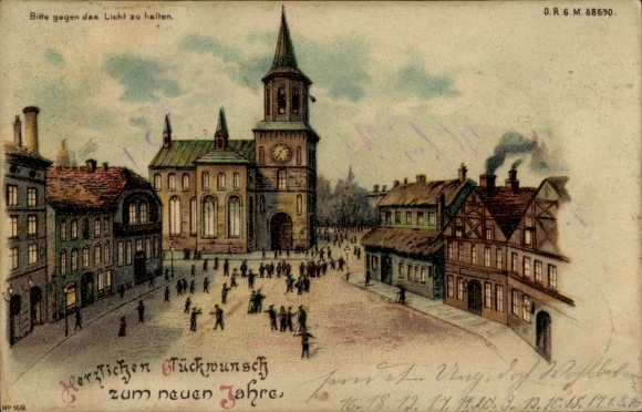 Hold against the light lithograph New Year's greetings, church, square