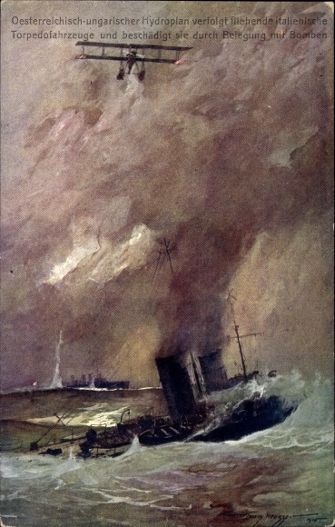 Artist PC Heusser, Harry, Imperial and Royal Navy flying boat pursues Italian warships, I WW