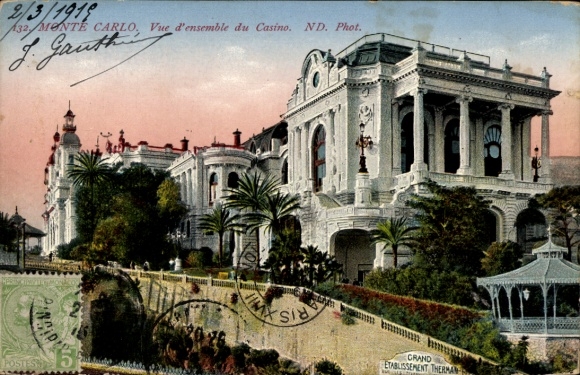 PC of Monte Carlo, Monaco, Casino, gardens, postmark, 1918