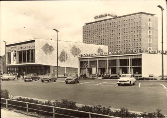 Postcard Berlin Mitte, Karl Marx Allee, Kino International, Mocha Milk Ice Cream Bar, Hotel Berolina, Cars