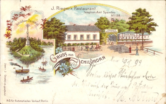 Lithograph Berlin Wilmersdorf Grunewald Schildhorn, Restaurant, Monument