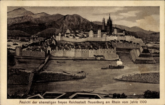 Neuenburg am Rhein, Baden, view of the town of Neuenburg, Rhine, year 1300, illustration