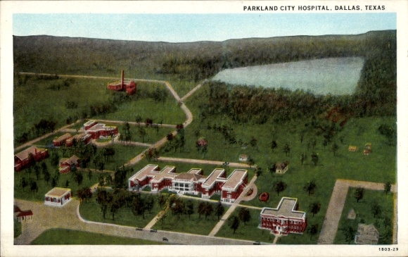 Postcard Dallas Texas USA, Parkland City Hospital, aerial view, green surroundings