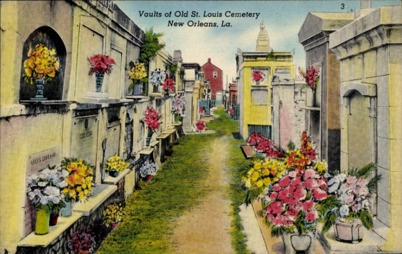 Postcard New Orleans Louisiana USA, cemetery with flowers, old tombs, All Souls Day, St. Louis Cemeter
