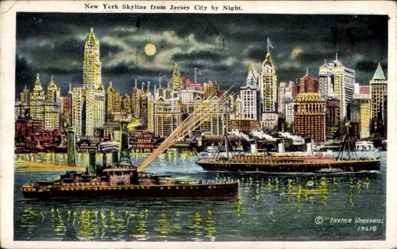 New York City USA, New York Skyline, Jersey City, night, ships, illuminated buildings