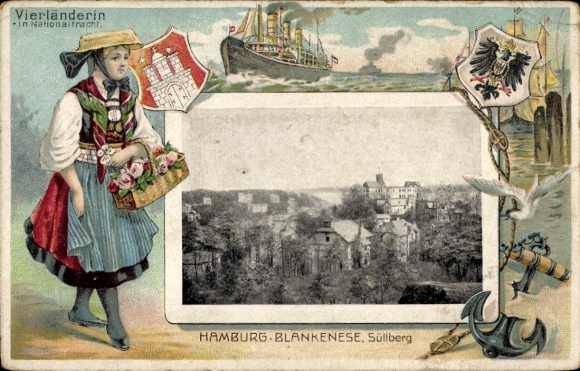 Embossed passe-partout, Hamburg Altona Blankenese, Süllberg, Vierlande woman in national costume, coat of arms