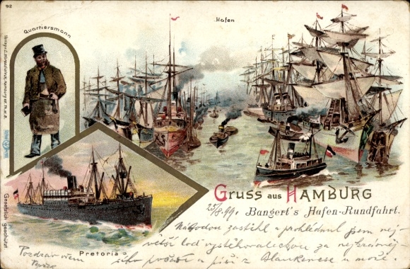 Lithograph Hamburg, harbor, steamer Pretoria, Quartiersmann, Bangerts harbor tour