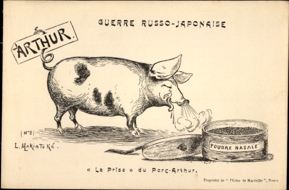 Artist Postcard Mariatoke, L., Russo-Japanese War, Pig, Can, Arthur