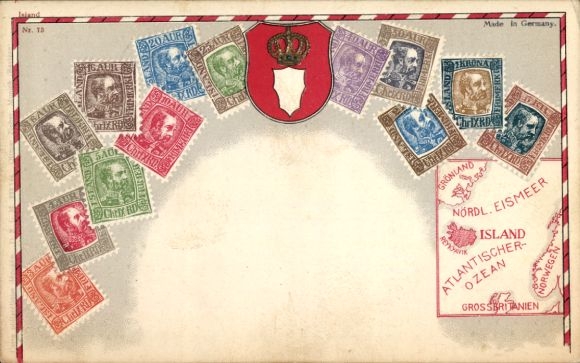 Embossed stamps coat of arms Postcard Island, map, Atlantic Ocean