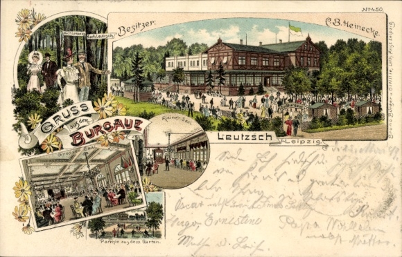 Lithograph Leutzsch Leipzig in Saxony, owned by CB Heinecke, Greetings from Burgaue