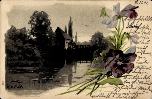 Lithograph by artist Mailick, watermill, flowers