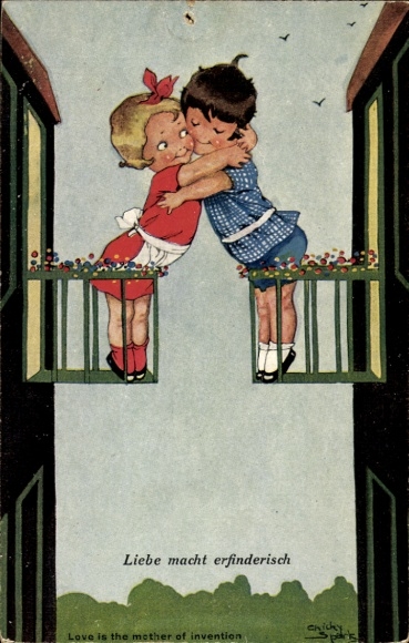 Artist Postcard Spark, Chicky, Love is the Mother of Invention, Lovers, Embrace on the Balcony