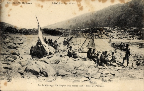 Postcard Luang Prabang Laos, ship on the Mekong, fishermen, rocks, sailboats
