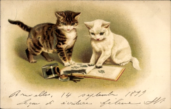 Lithograph of kittens knocking over an inkwell