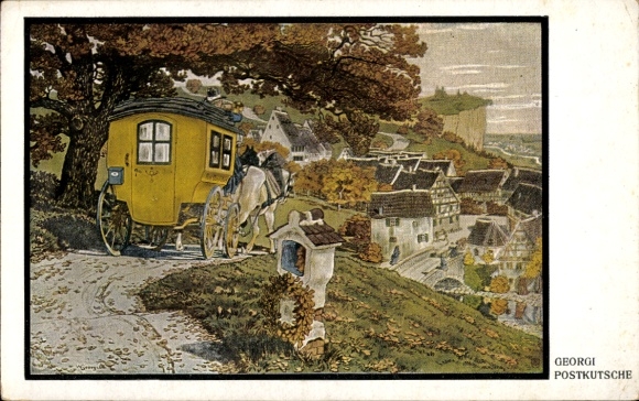 Artist Postcard Georgi, W., Stagecoach, Village