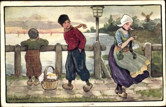 Postcard Holland Michigan USA, Two boys and a girl in traditional Dutch clothing...