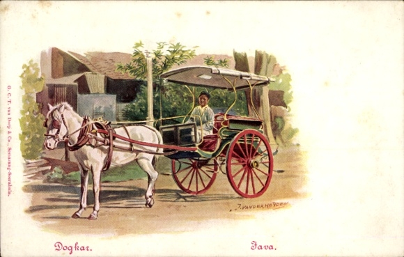 Artist Postcard Java Indonesia, horse-drawn carriage