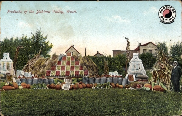 Postcard Yakima Washington USA, Yakima Valley produce, pumpkins, apples, farm scene, man in...