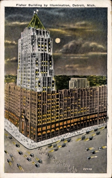 Postcard Detroit Michigan USA, Fisher Building, Illumination, Night View, Michigan