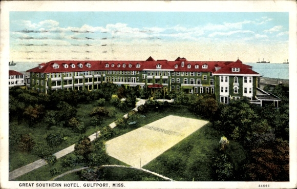 Postcard Gulfport Mississippi USA, Great Southern Hotel, tennis court, beautiful scenery